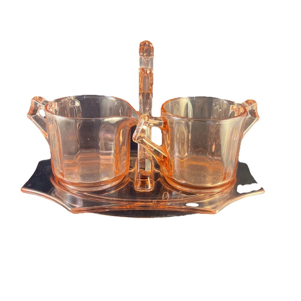 Vintage Pink Depression Glass Cream And Sugar With Center Handled Tray